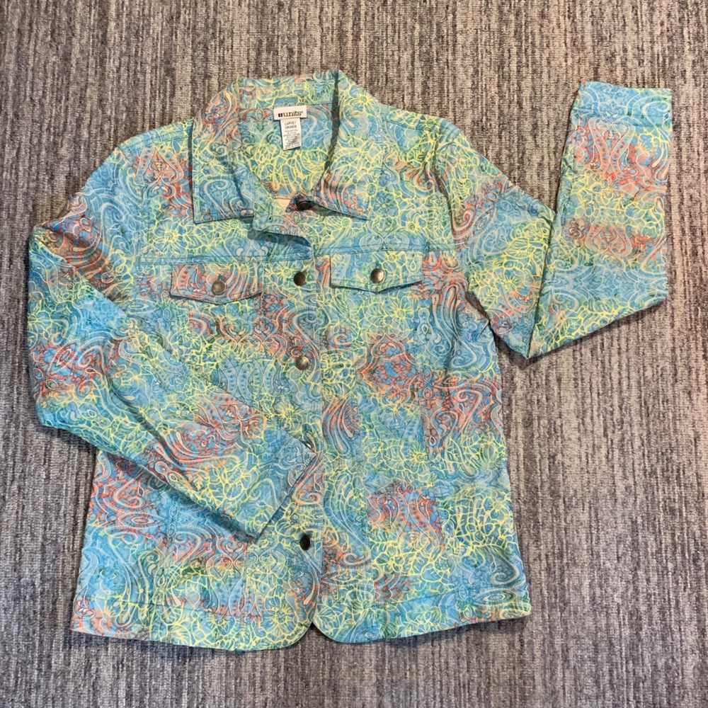 Vintage Y2K Units Womans Denim Jacketβ Sz Large Floral Embroidered Retro Artsy